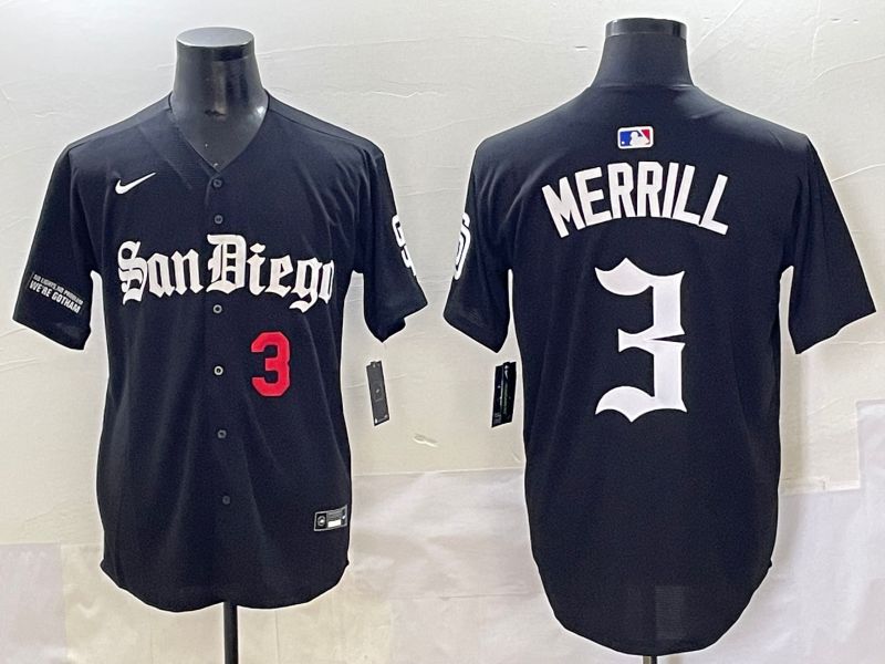 Men 2025 San Diego Padres #3 Merrill Black Five generations Joint Name Nike MLB Jersey style 5